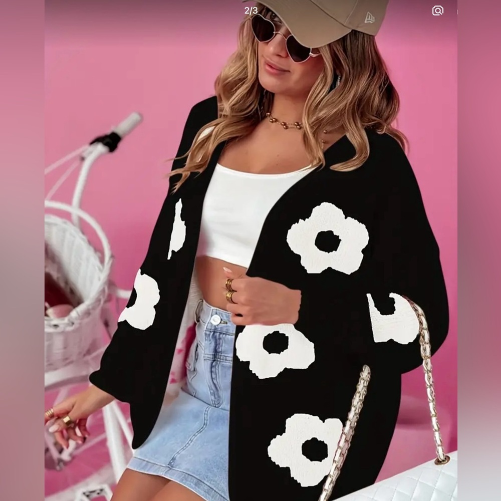 Floral Black and White Women's Sweater